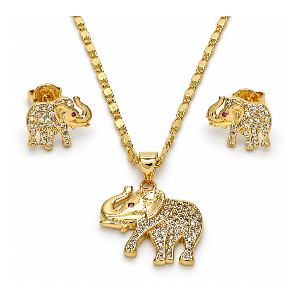 Oro Laminado Earring and Pendant Adult Set, Gold Filled Style Elephant Design, with White and Ruby Micro Pave, Polished, Golden Finish