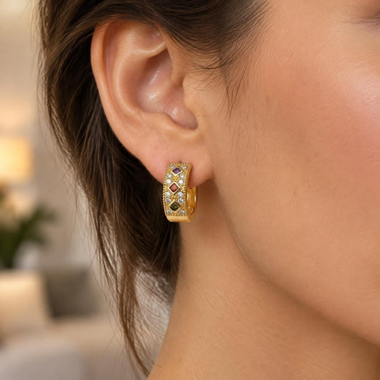 Oro Laminado Huggie Hoop, Gold Filled Style with Multicolor Cubic Zirconia and White Micro Pave, Polished, Golden Finish