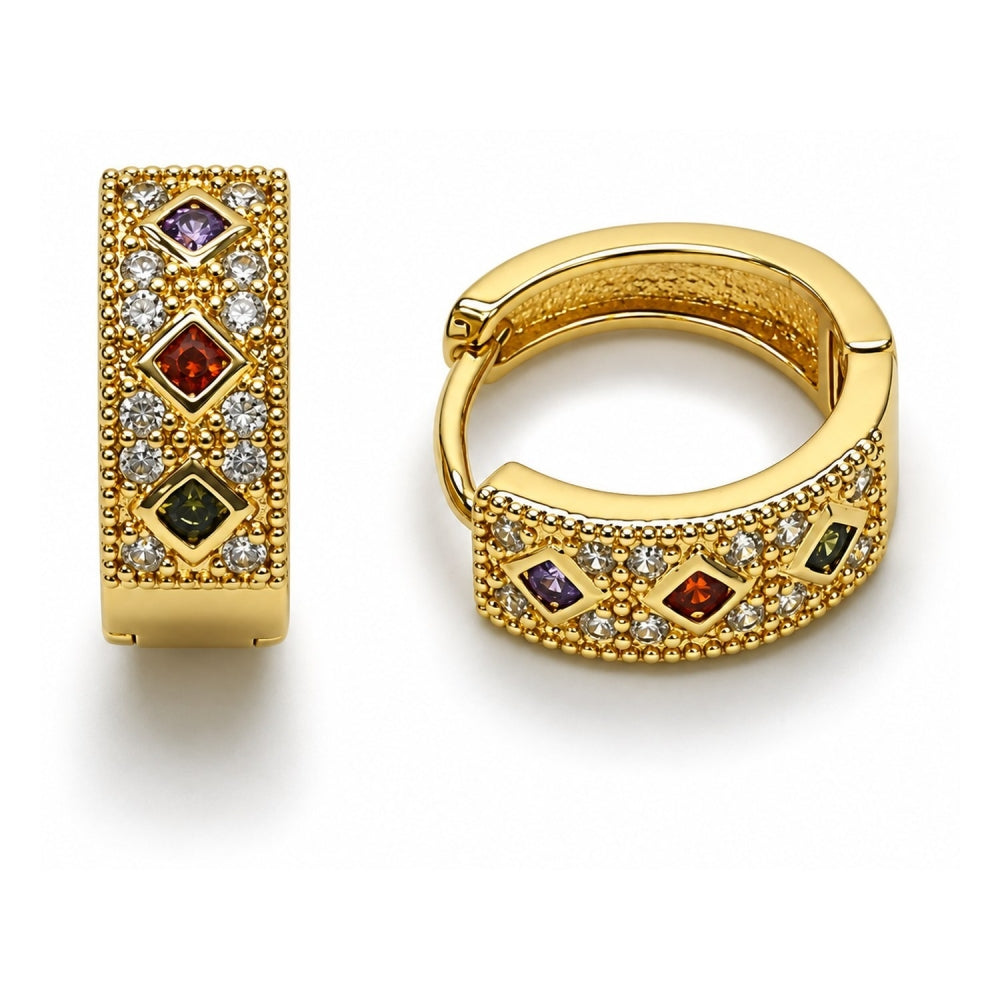 Oro Laminado Huggie Hoop, Gold Filled Style with Multicolor Cubic Zirconia and White Micro Pave, Polished, Golden Finish