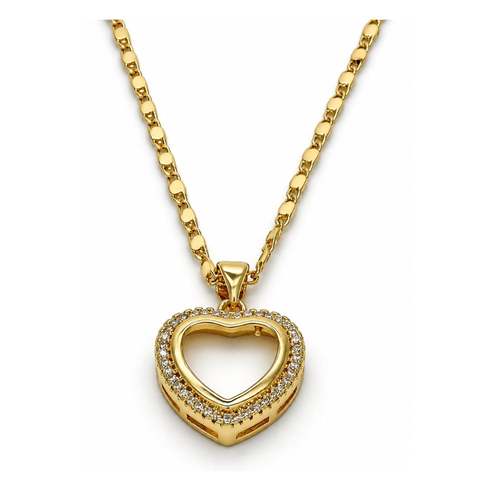 Oro Laminado Pendant Necklace, Gold Filled Style Heart Design, with White Micro Pave, Polished, Golden Finish