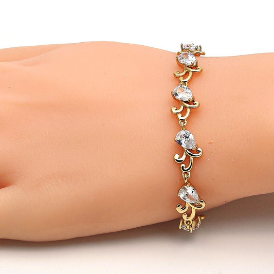 Oro Laminado Tennis Bracelet, Gold Filled Style Teardrop Design, with White Cubic Zirconia, Polished, Golden Finish