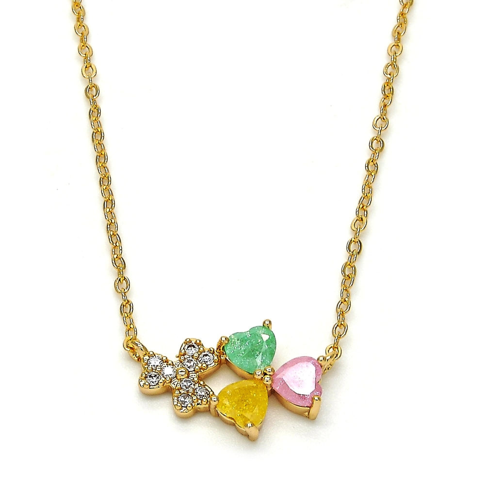 Oro Laminado Pendant Necklace, Gold Filled Style Heart Design, with Multicolor Cubic Zirconia, Polished, Golden Finish