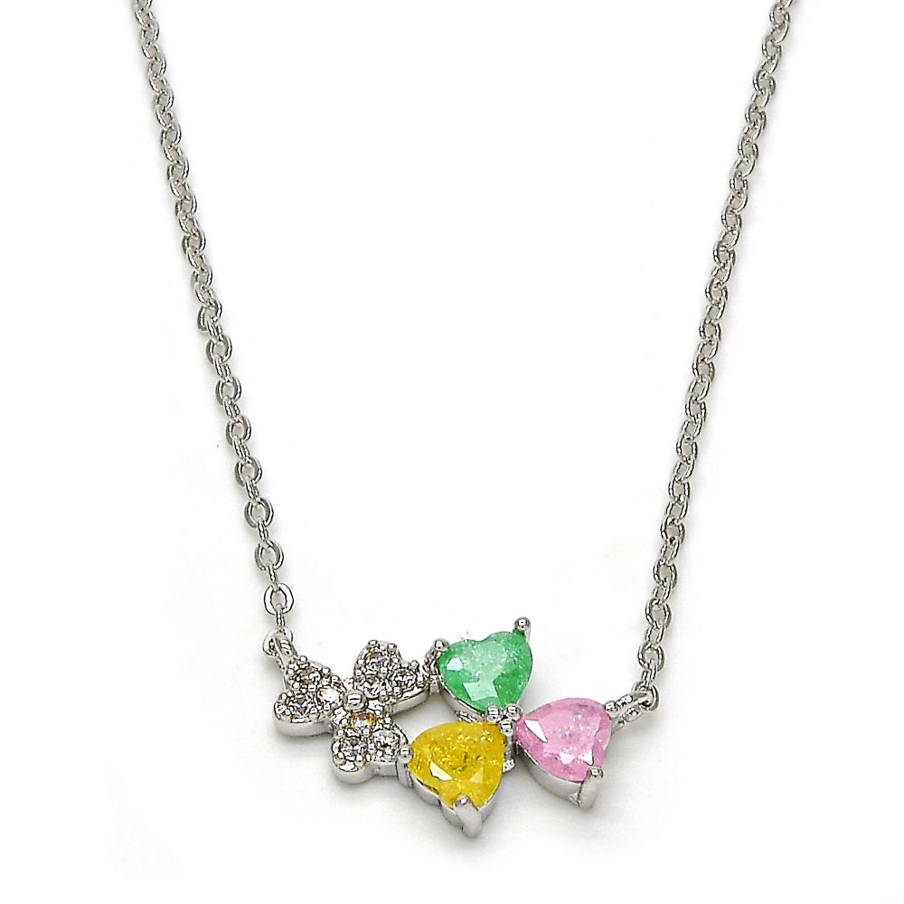 Rhodium Gold Filled Pendant Necklace, Heart Design, with Multicolor Cubic Zirconia, Polished, Rhodium Finish