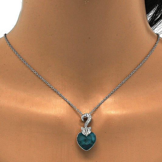 Rhodium Gold Filled Pendant Necklace, Heart Design, with Blue Zircon and Aurore Boreale Swarovski Crystals, Polished, Rhodium Finish