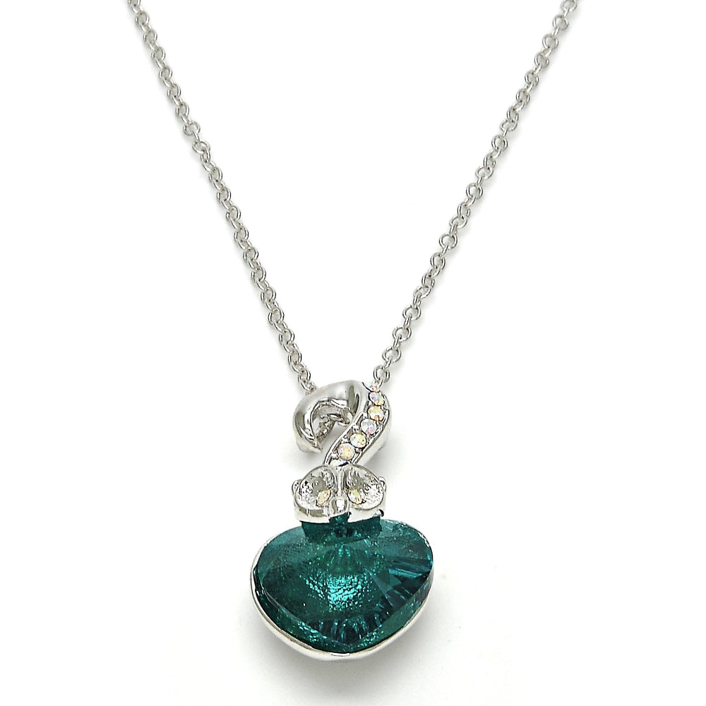 Rhodium Gold Filled Pendant Necklace, Heart Design, with Blue Zircon and Aurore Boreale Swarovski Crystals, Polished, Rhodium Finish