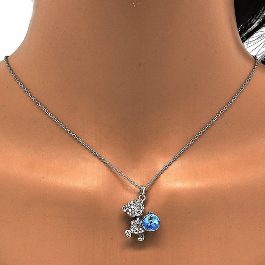 Rhodium Gold Filled Pendant Necklace, Teddy Bear Design, with Aquamarine and Aurore Boreale Swarovski Crystals, Polished, Rhodium Finish