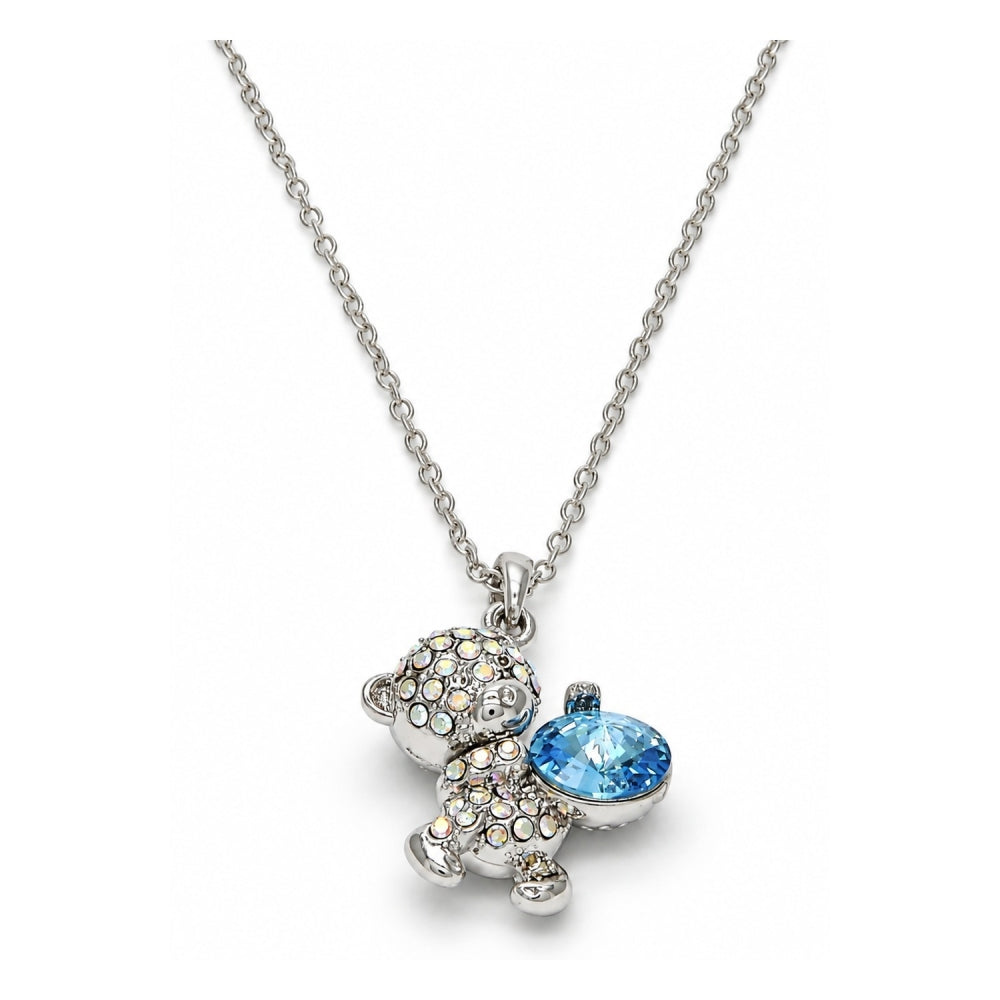 Rhodium Gold Filled Pendant Necklace, Teddy Bear Design, with Aquamarine and Aurore Boreale Swarovski Crystals, Polished, Rhodium Finish
