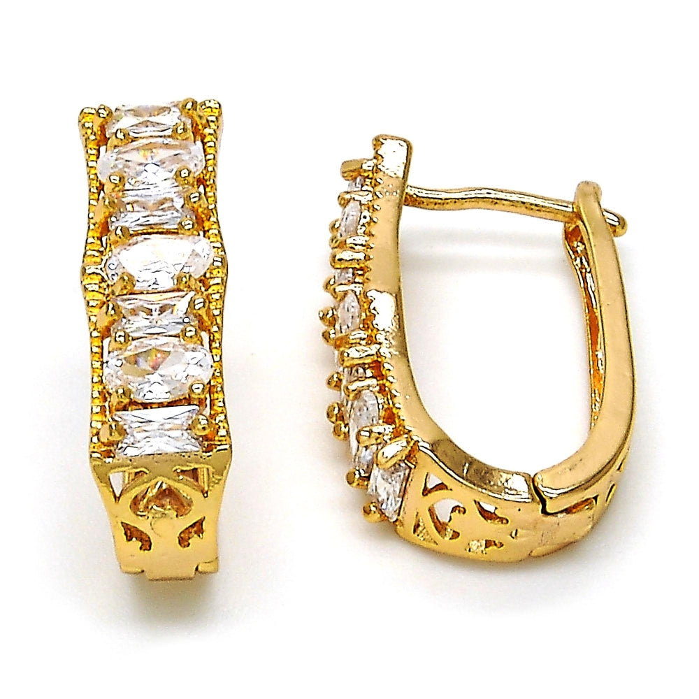 Oro Laminado Huggie Hoop, Gold Filled Style Baguette Design, with White Cubic Zirconia, Polished, Golden Finish