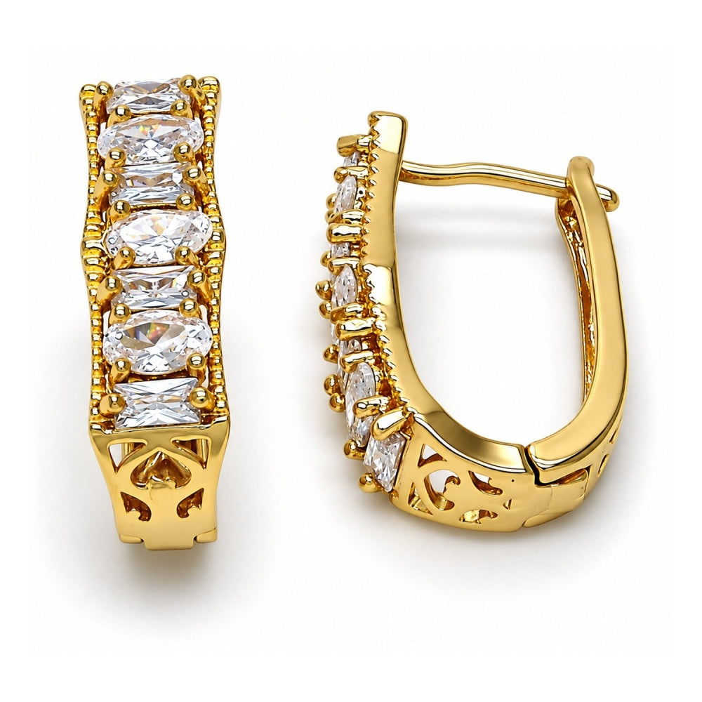 Oro Laminado Huggie Hoop, Gold Filled Style Baguette Design, with White Cubic Zirconia, Polished, Golden Finish
