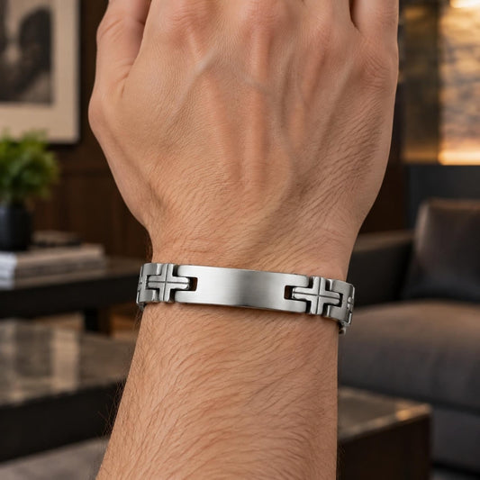Stainless Steel Solid Bracelet, Cross Design, Polished, Steel Finish
