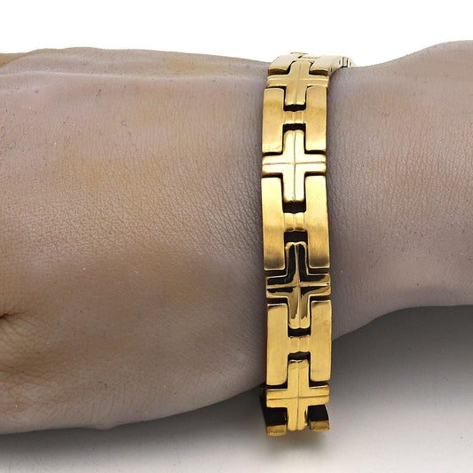 Stainless Steel Solid Bracelet, Cross Design, Polished, Golden Finish