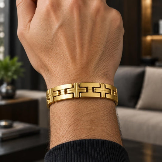 Stainless Steel Solid Bracelet, Cross Design, Polished, Golden Finish