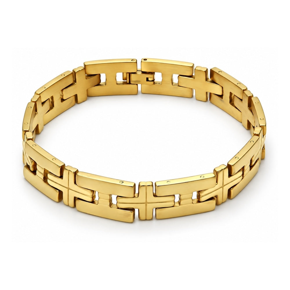 Stainless Steel Solid Bracelet, Cross Design, Polished, Golden Finish