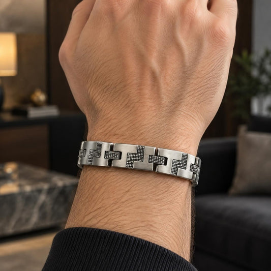 Stainless Steel Solid Bracelet, Greek Key Design, Polished, Steel Finish