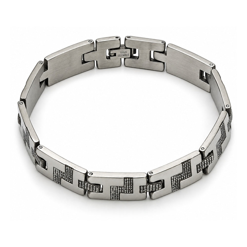 Stainless Steel Solid Bracelet, Greek Key Design, Polished, Steel Finish