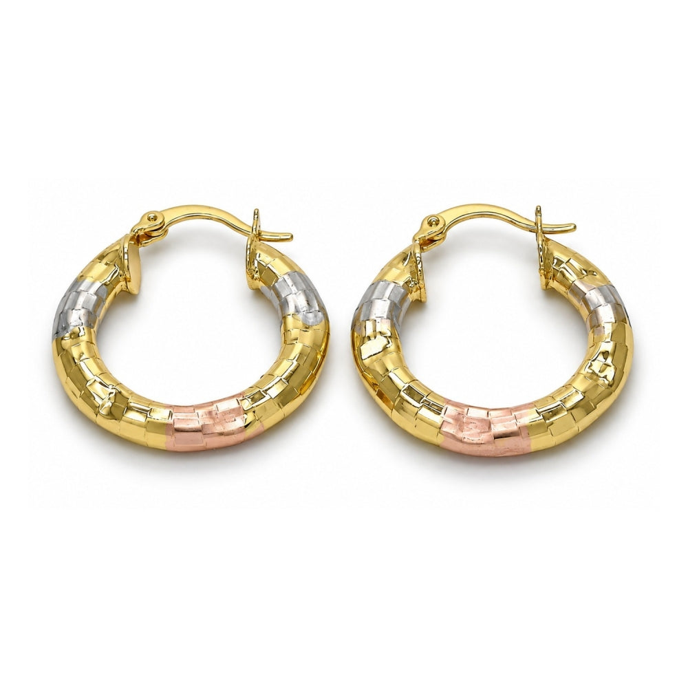 Oro Laminado Small Hoop, Gold Filled Style Hollow Design, Diamond Cutting Finish, Tricolor