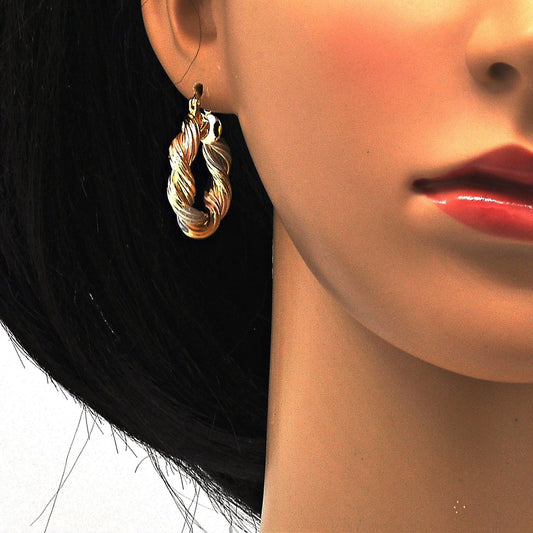 Oro Laminado Medium Hoop, Gold Filled Style Twist and Hollow Design, Polished, Tricolor