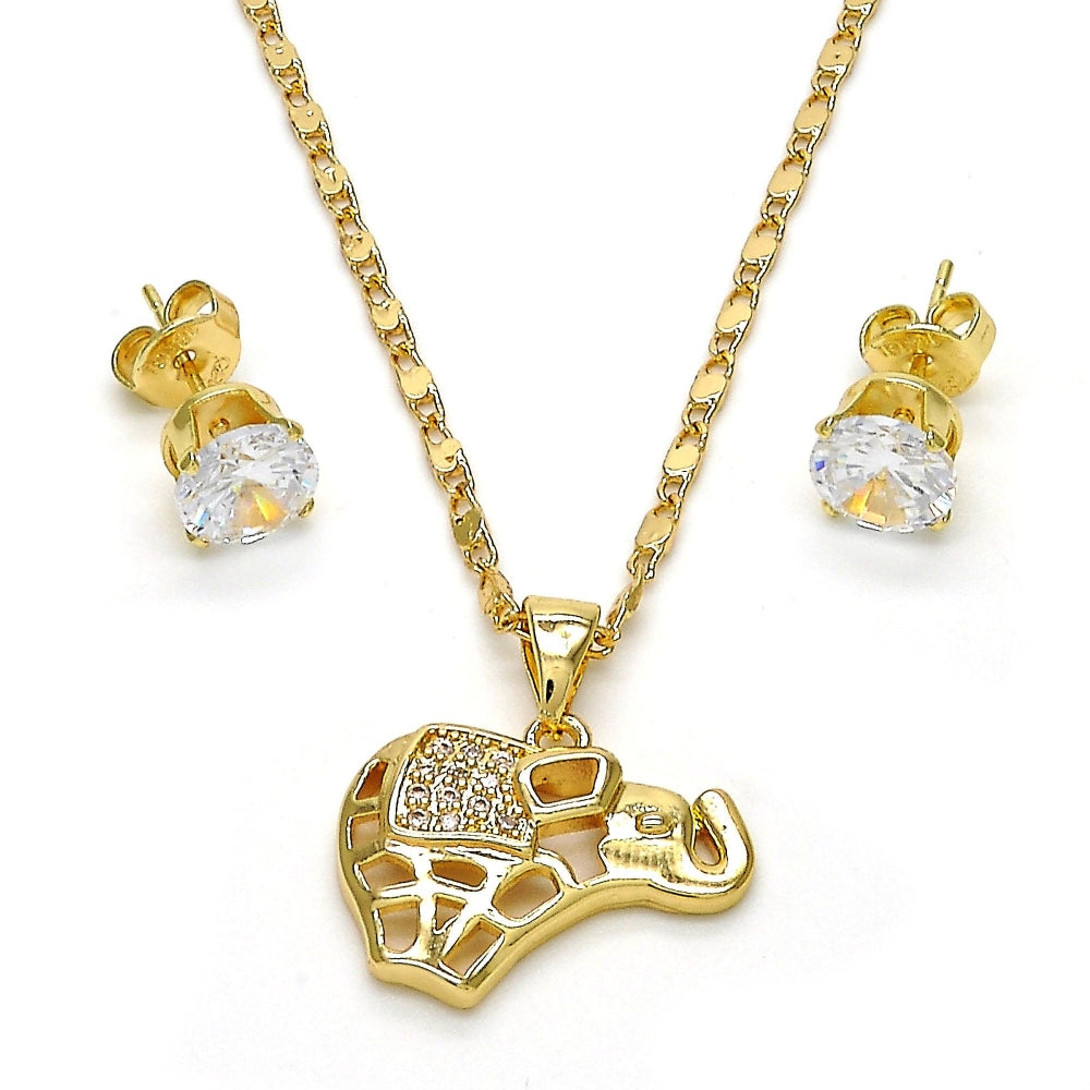 Oro Laminado Earring and Pendant Adult Set, Gold Filled Style Elephant Design, with White Micro Pave, Polished, Golden Finish