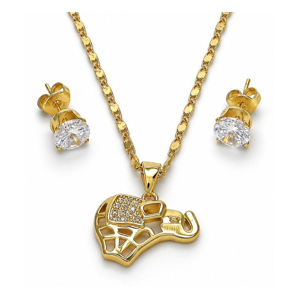 Oro Laminado Earring and Pendant Adult Set, Gold Filled Style Elephant Design, with White Micro Pave, Polished, Golden Finish