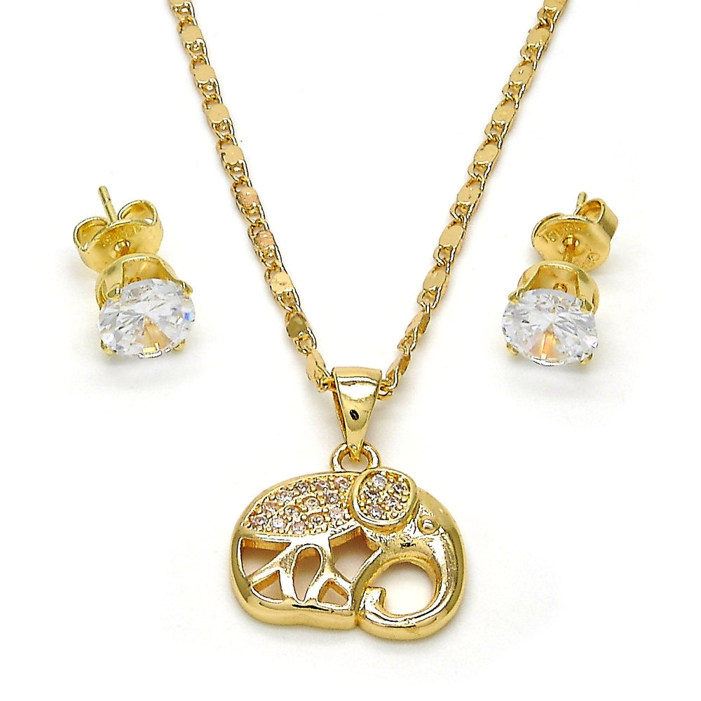 Oro Laminado Earring and Pendant Adult Set, Gold Filled Style Elephant Design, with White Micro Pave, Polished, Golden Finish
