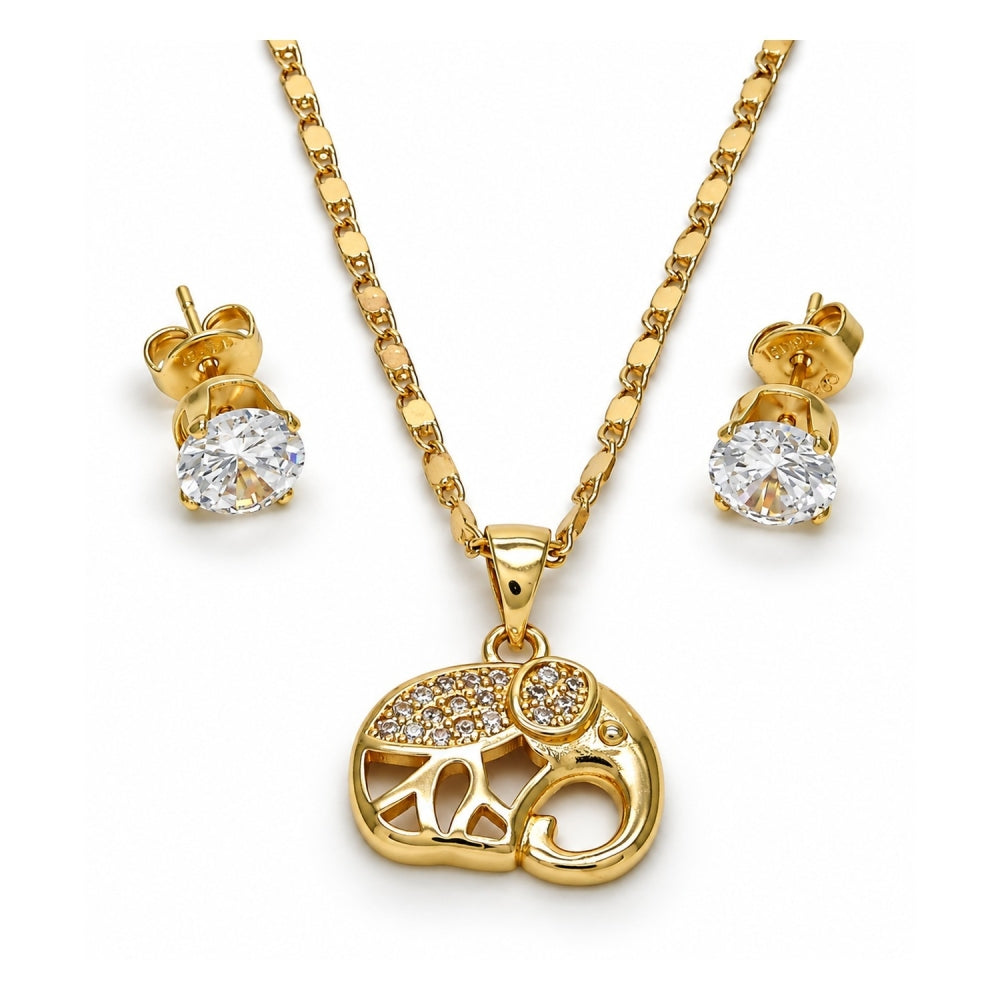 Oro Laminado Earring and Pendant Adult Set, Gold Filled Style Elephant Design, with White Micro Pave, Polished, Golden Finish
