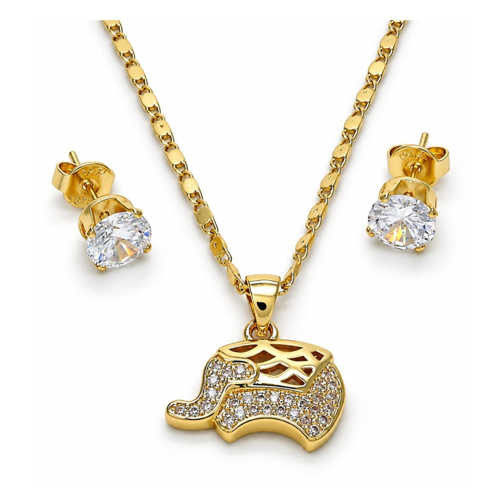 Oro Laminado Earring and Pendant Adult Set, Gold Filled Style Elephant Design, with White Micro Pave, Polished, Golden Finish
