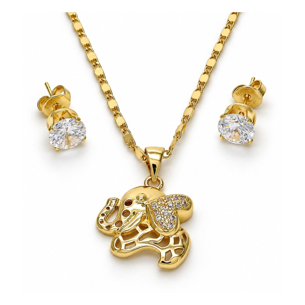 Oro Laminado Earring and Pendant Adult Set, Gold Filled Style Elephant Design, with White Micro Pave, Polished, Golden Finish