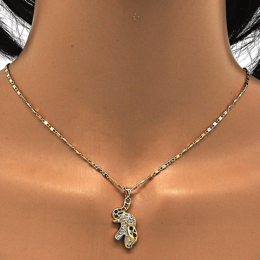 Oro Laminado Earring and Pendant Adult Set, Gold Filled Style Elephant Design, with White Micro Pave, Polished, Golden Finish
