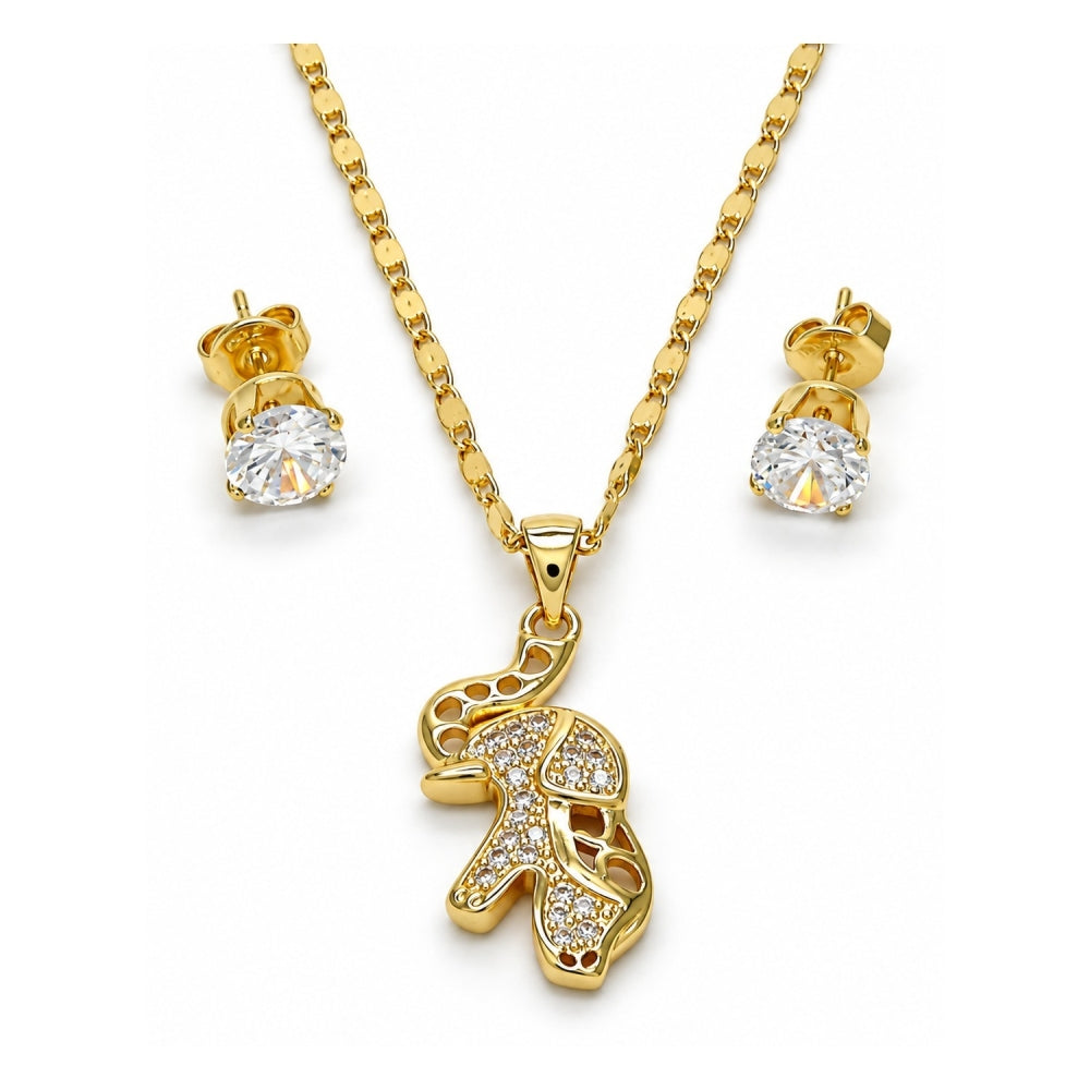 Oro Laminado Earring and Pendant Adult Set, Gold Filled Style Elephant Design, with White Micro Pave, Polished, Golden Finish