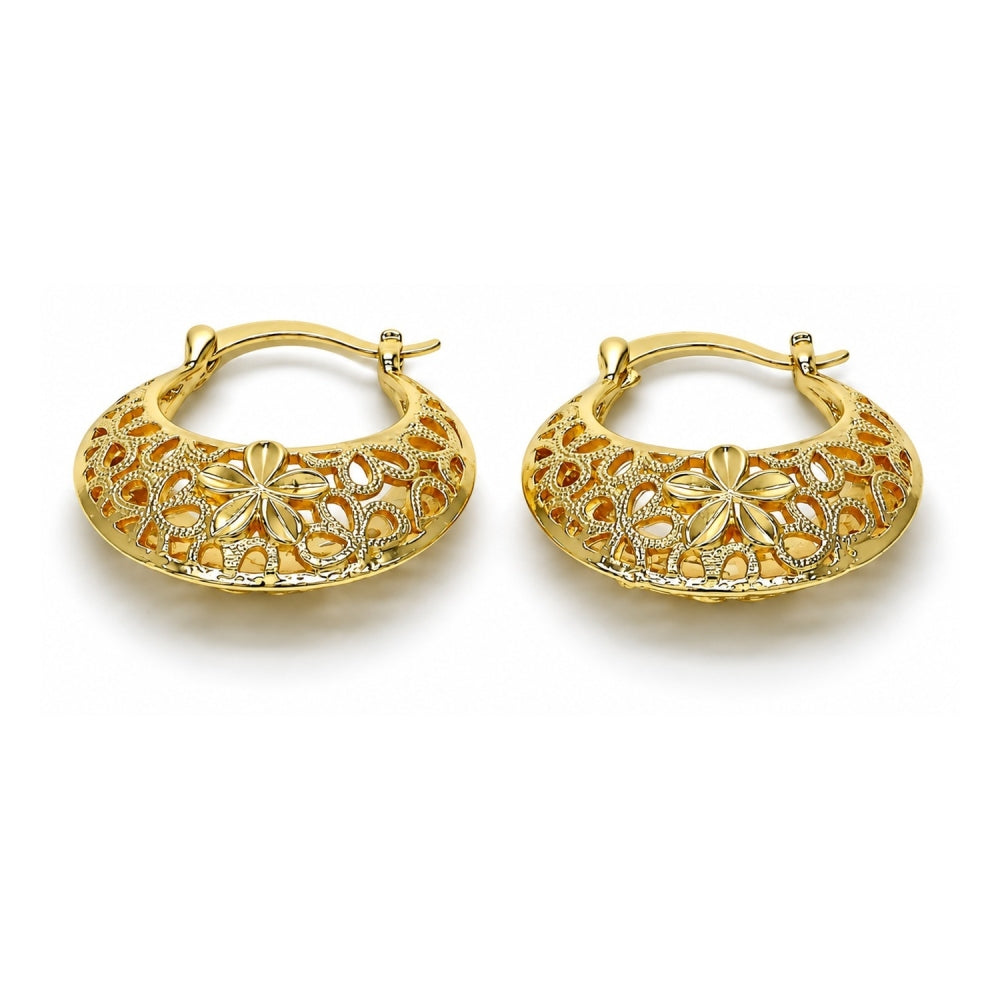 Oro Laminado Medium Hoop, Gold Filled Style Flower Design, Polished, Golden Finish