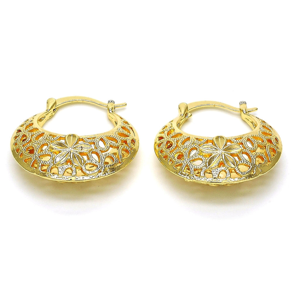 Oro Laminado Medium Hoop, Gold Filled Style Flower Design, Polished, Golden Finish