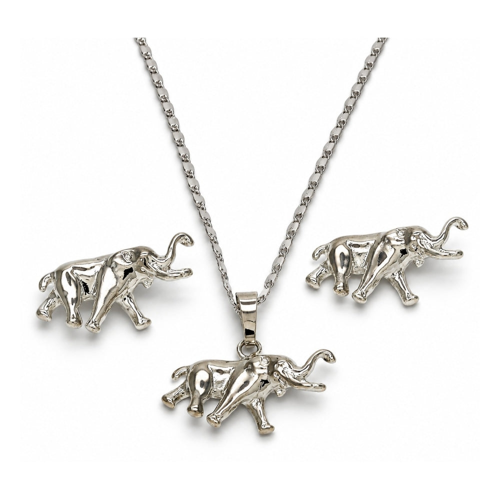 White Gold Filled Earring and Pendant Adult Set, Elephant Design, Polished, Rhodium Finish