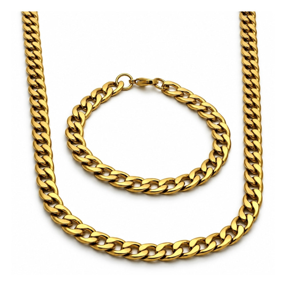 Stainless Steel Necklace and Bracelet, Curb Design, Polished, Golden Finish