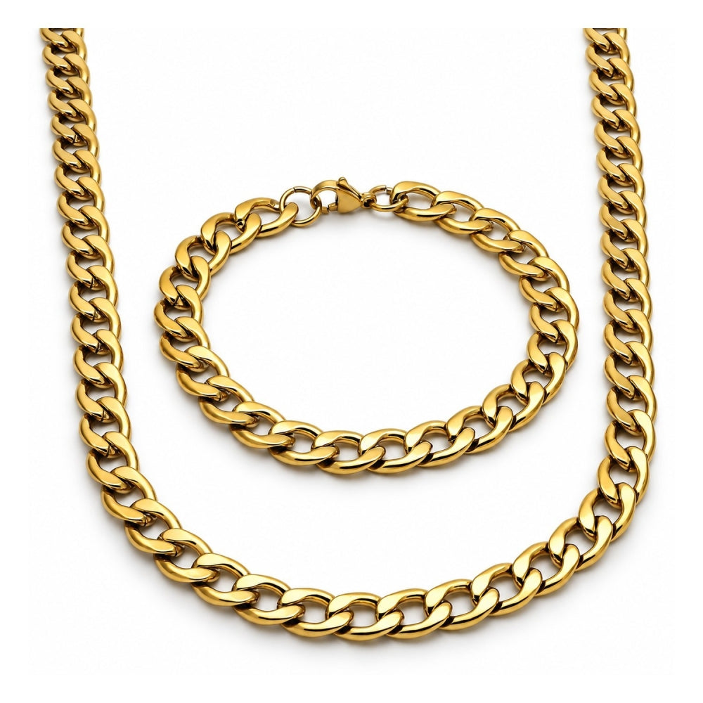 Stainless Steel Necklace and Bracelet, Curb Design, Polished, Golden Finish