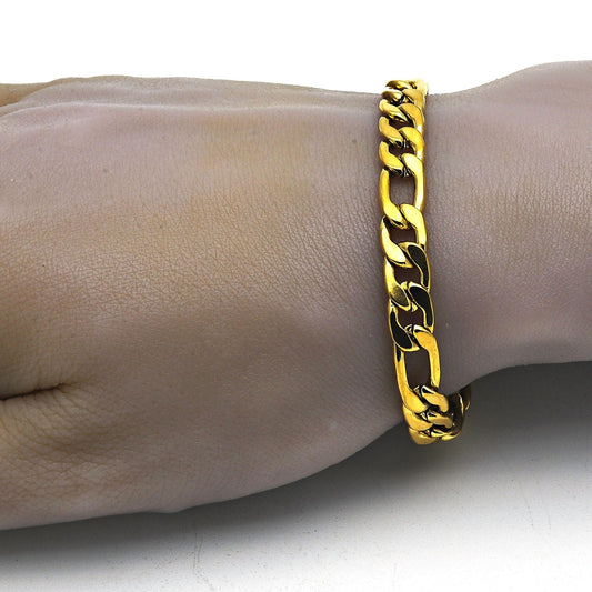 Stainless Steel Basic Bracelet, Figaro Design, Polished, Golden Finish
