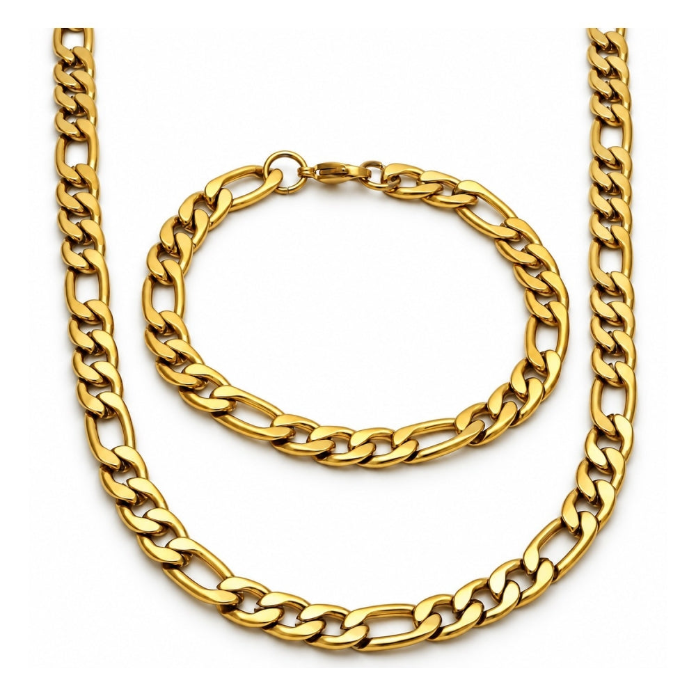 Stainless Steel Necklace and Bracelet, Figaro Design, Polished, Golden Finish