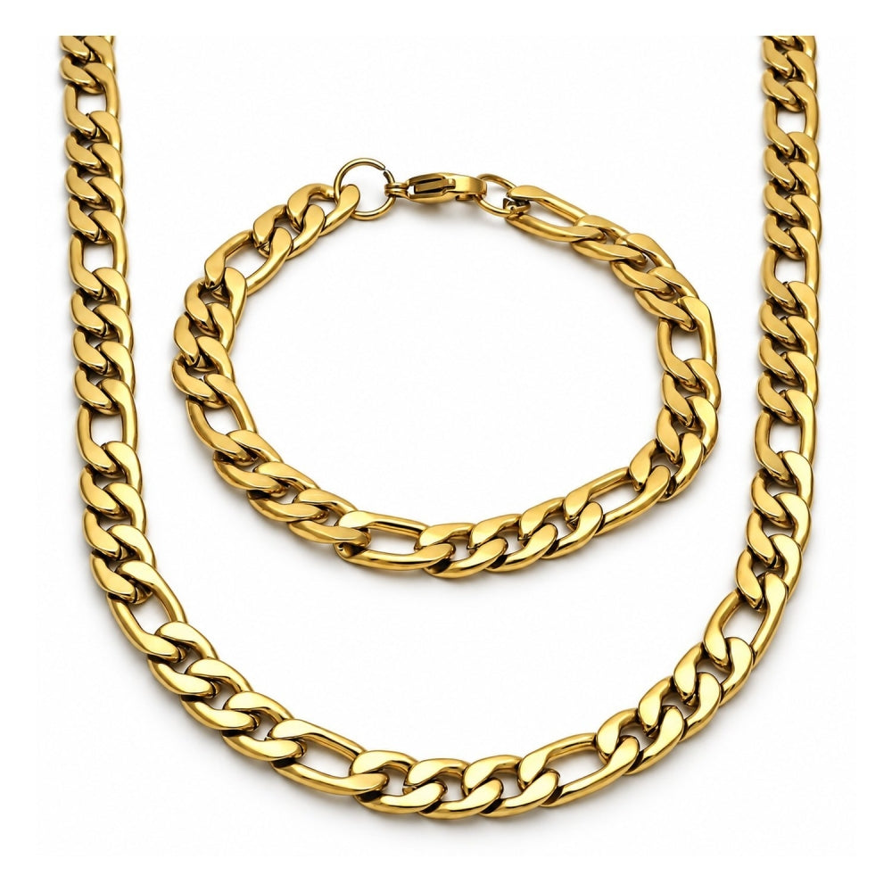 Stainless Steel Necklace and Bracelet, Figaro Design, Polished, Golden Finish