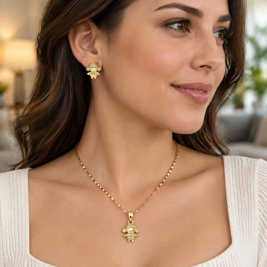 Oro Laminado Earring and Pendant Adult Set, Gold Filled Style Little Girl Design, with White Micro Pave, Polished, Golden Finish