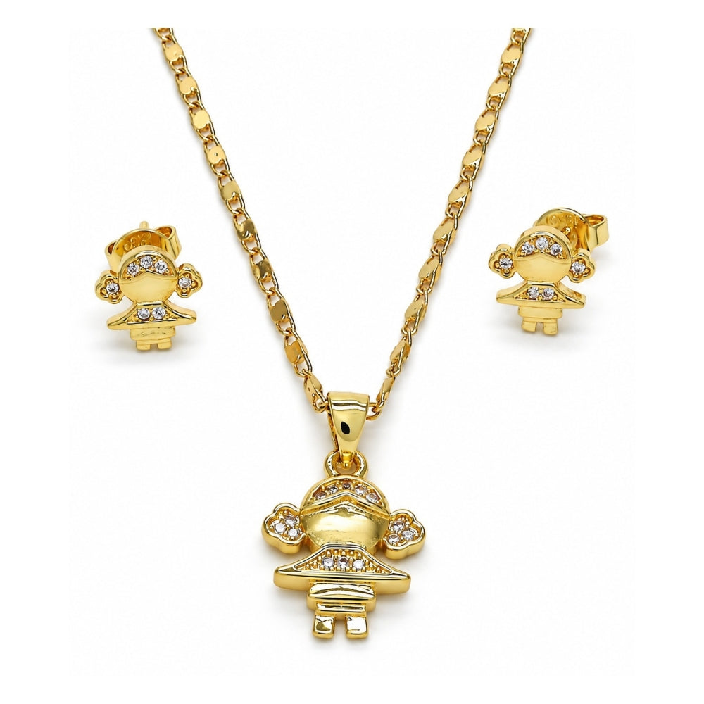 Oro Laminado Earring and Pendant Adult Set, Gold Filled Style Little Girl Design, with White Micro Pave, Polished, Golden Finish