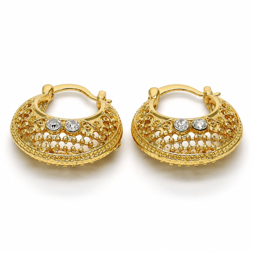 Oro Laminado Medium Hoop, Gold Filled Style with White Crystal, Polished, Golden Finish