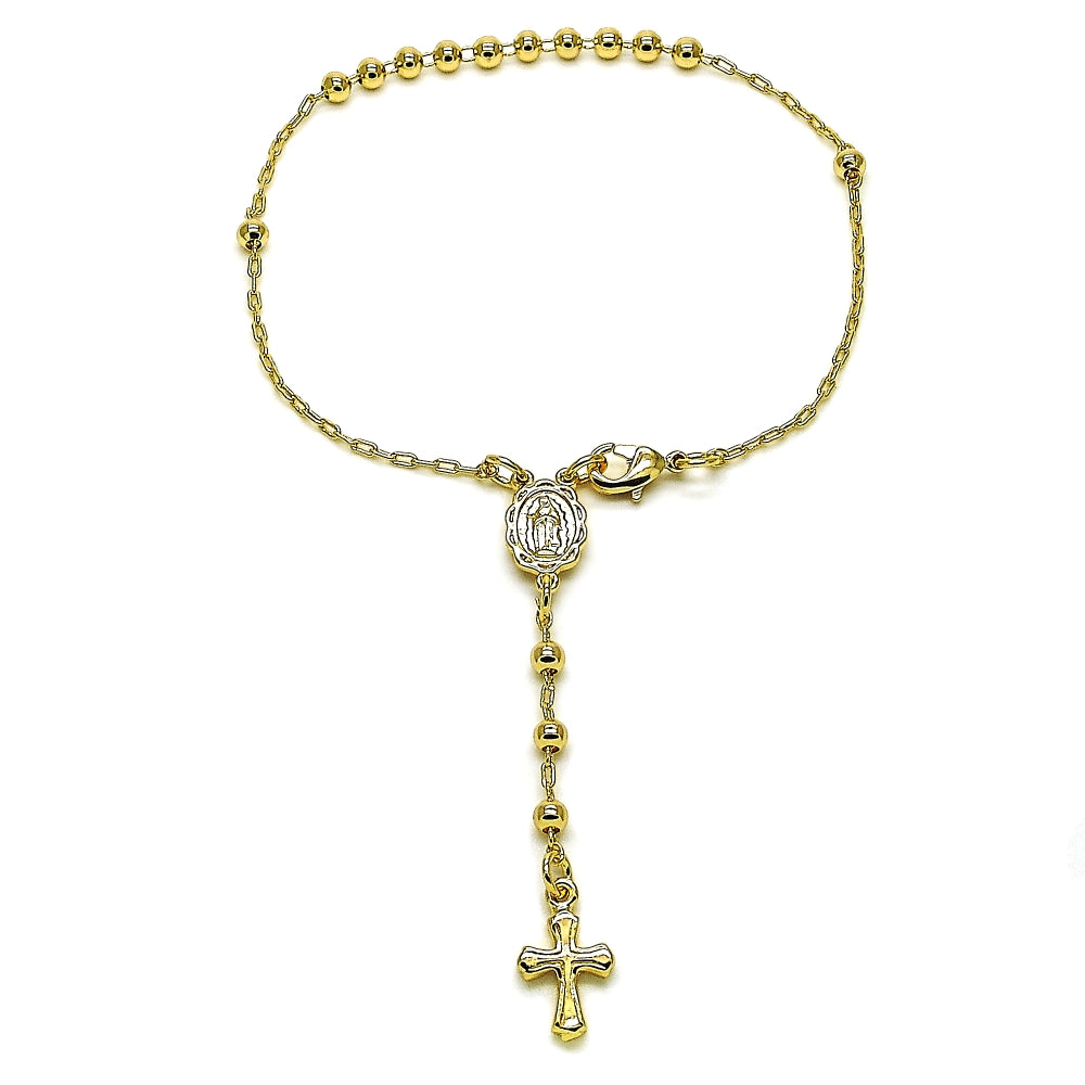 Oro Laminado Bracelet Rosary, Gold Filled Style Guadalupe and Cross Design, Polished, Golden Finish