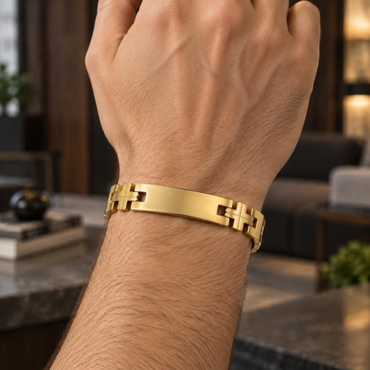 Stainless Steel Solid Bracelet, Cross Design, Polished, Golden Finish
