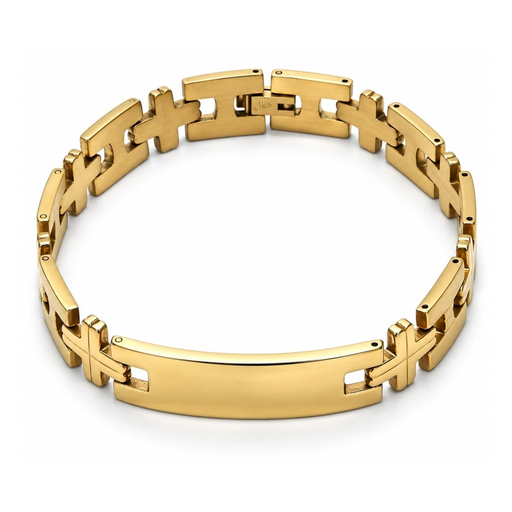 Stainless Steel Solid Bracelet, Cross Design, Polished, Golden Finish