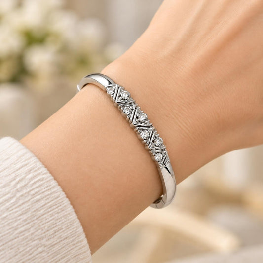 White Gold Filled Individual Bangle, with White Crystal, Polished, Rhodium Finish
