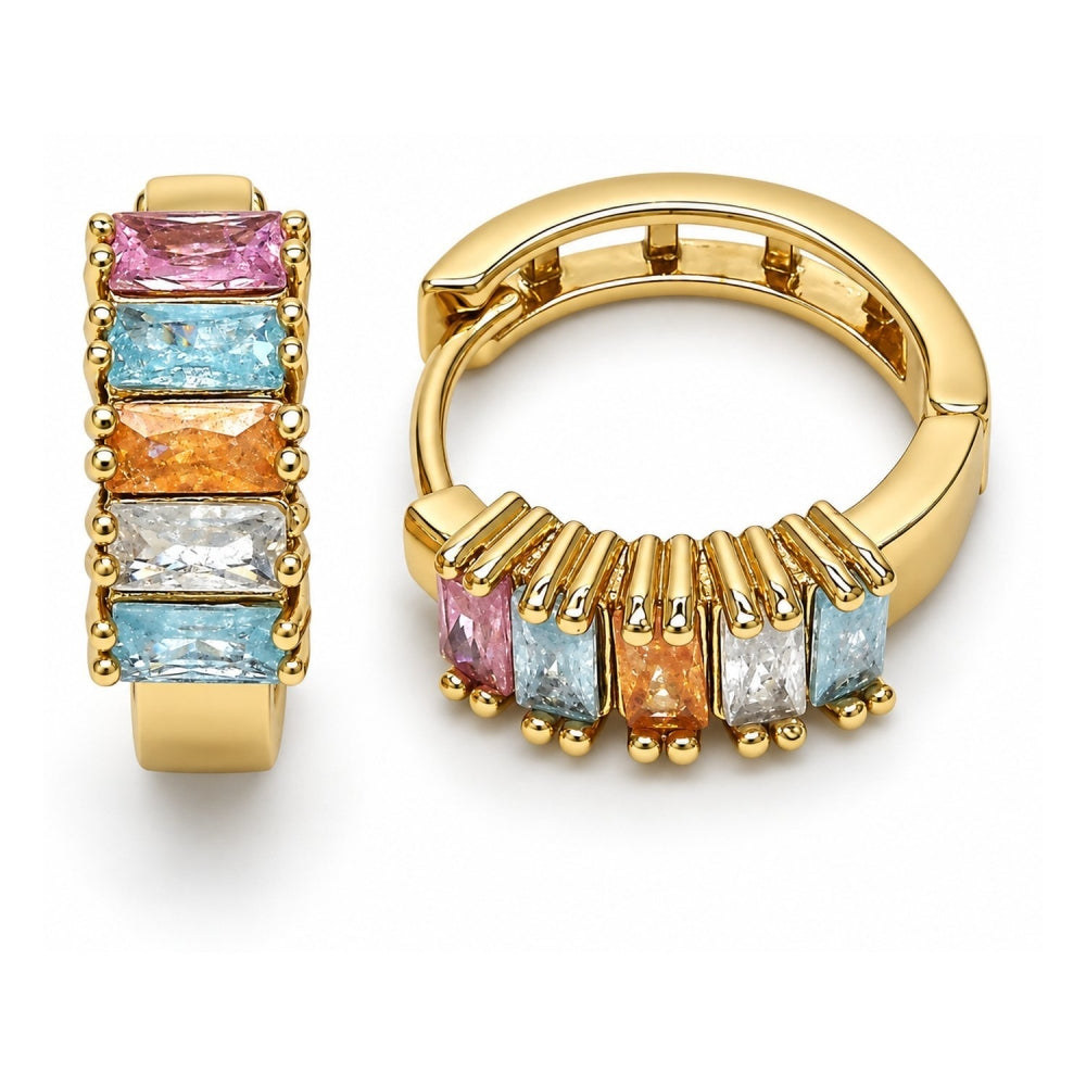 Oro Laminado Huggie Hoop, Gold Filled Style with Multicolor Cubic Zirconia, Polished, Golden Finish