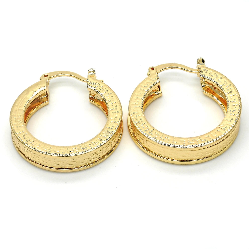 Oro Laminado Small Hoop, Gold Filled Style Greek Key Design, Diamond Cutting Finish, Golden Finish
