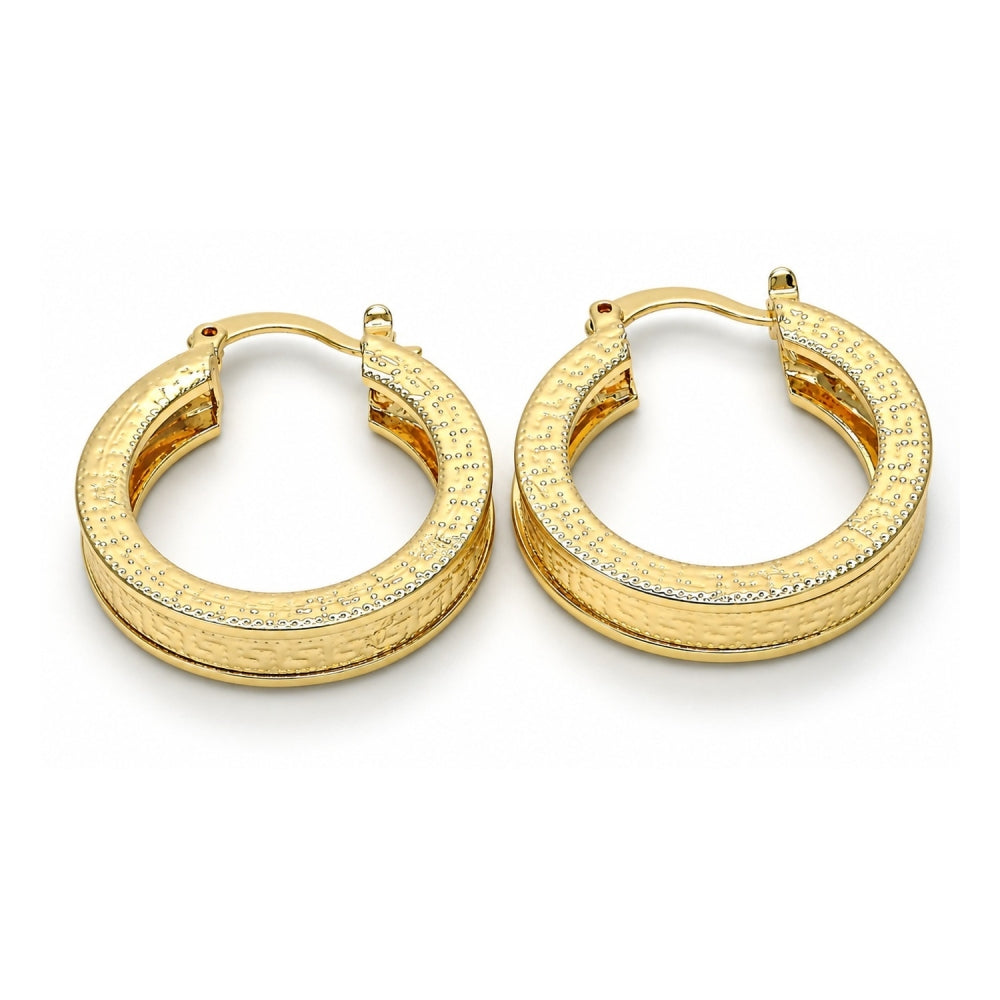 Oro Laminado Small Hoop, Gold Filled Style Greek Key Design, Diamond Cutting Finish, Golden Finish