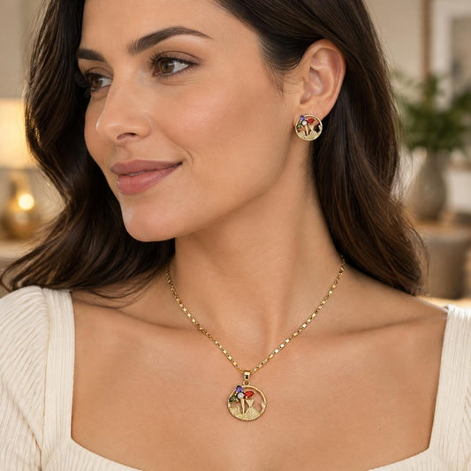 Oro Laminado Earring and Pendant Adult Set, Gold Filled Style Flower and Leaf Design, with Multicolor Cubic Zirconia, Polished, Golden Finish