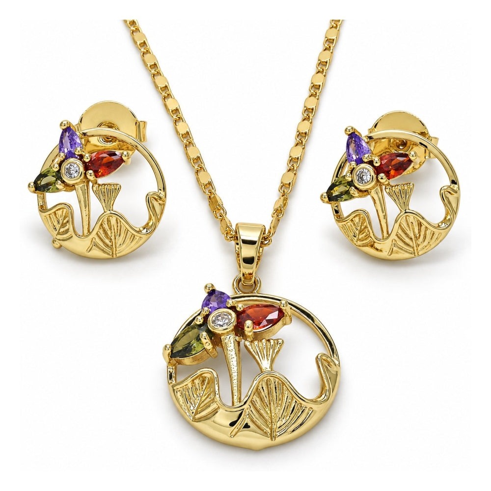 Oro Laminado Earring and Pendant Adult Set, Gold Filled Style Flower and Leaf Design, with Multicolor Cubic Zirconia, Polished, Golden Finish