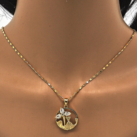 Oro Laminado Earring and Pendant Adult Set, Gold Filled Style Flower and Leaf Design, with White Cubic Zirconia, Polished, Golden Finish